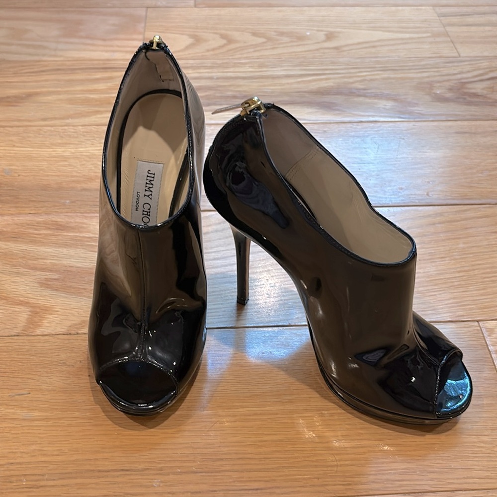 JIMMY CHOO black patent peep toe leather heels shoes booties - Picture 2 of 15